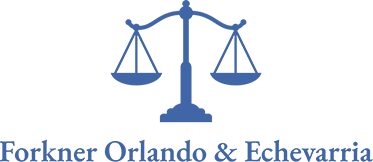 A blue scale of justice with the words orlando & e